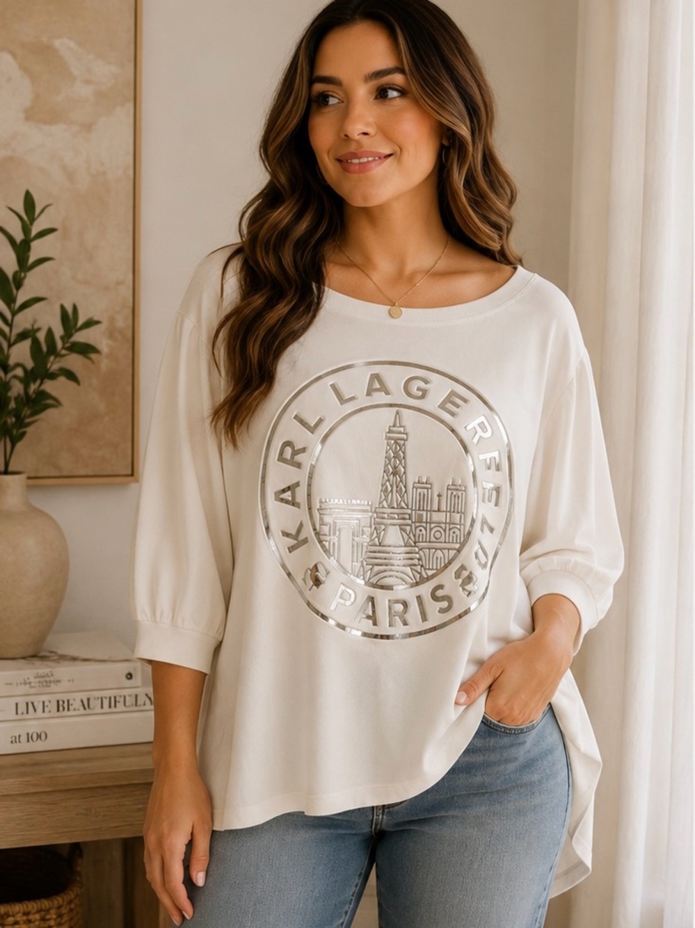 Karl Lagerfeld White Metallic Logo Oversized Sweatshirt